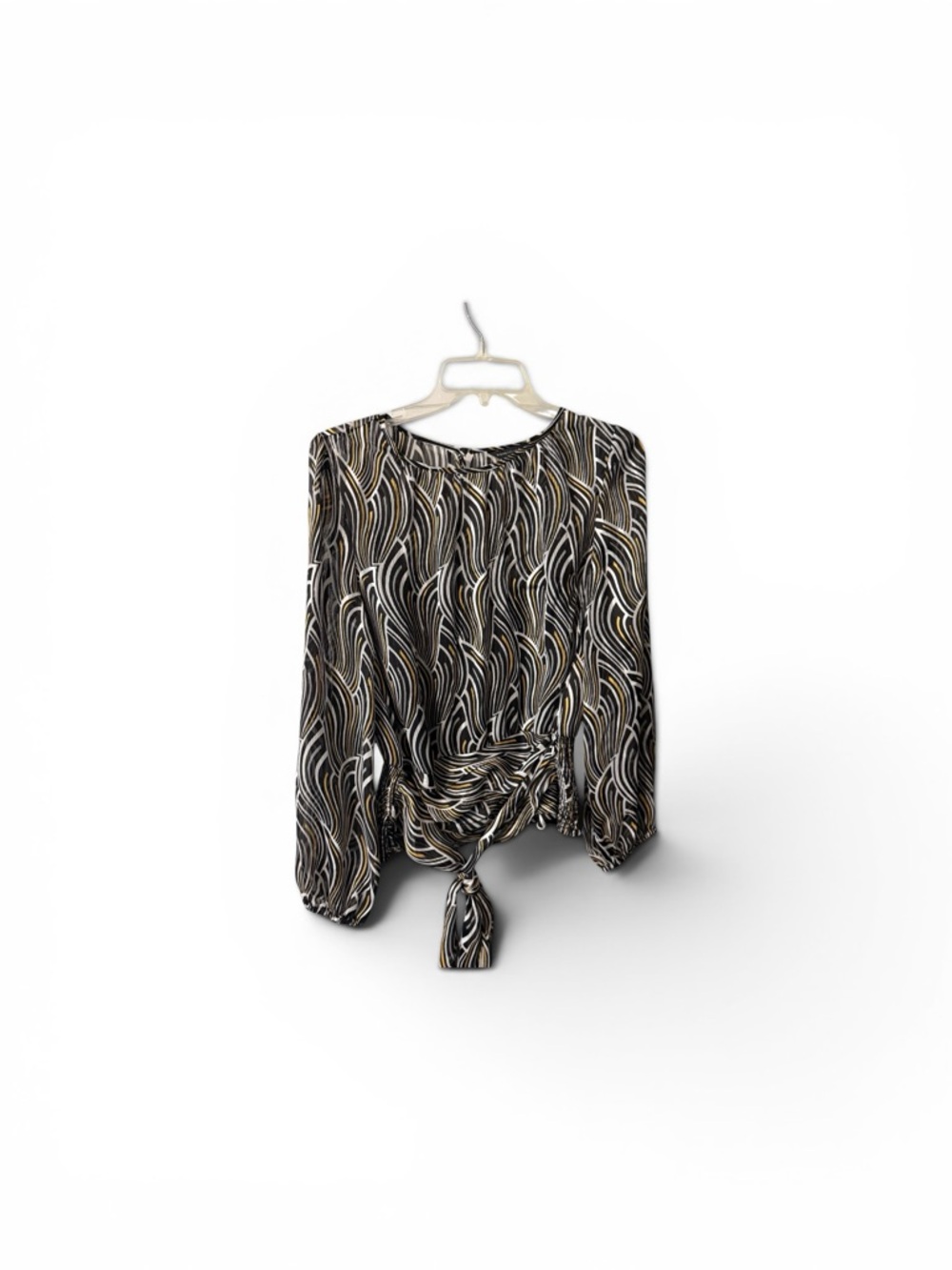 White House Black Market Black, Cream & Gold Wave Tie-Front top size 10P